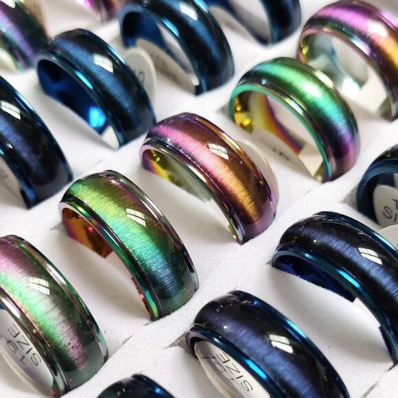 Rainbow & Blue Glossy Stainless Steel Rings - Picture 3 of 6